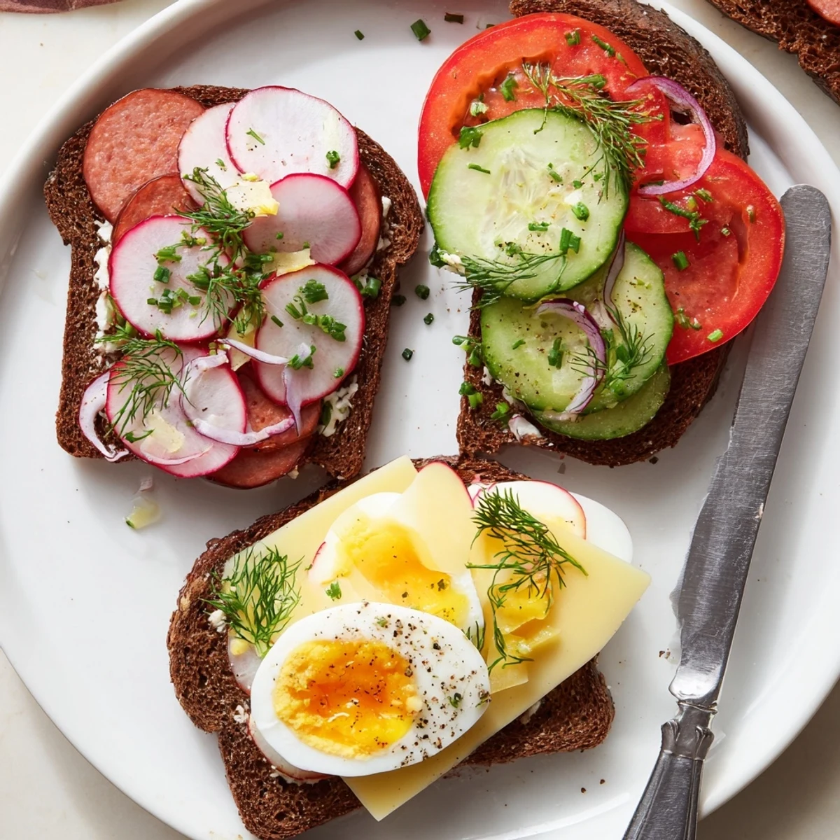 Colorful kanapki topped with tomato, cucumber, radish, and melted yellow cheese on crusty bread