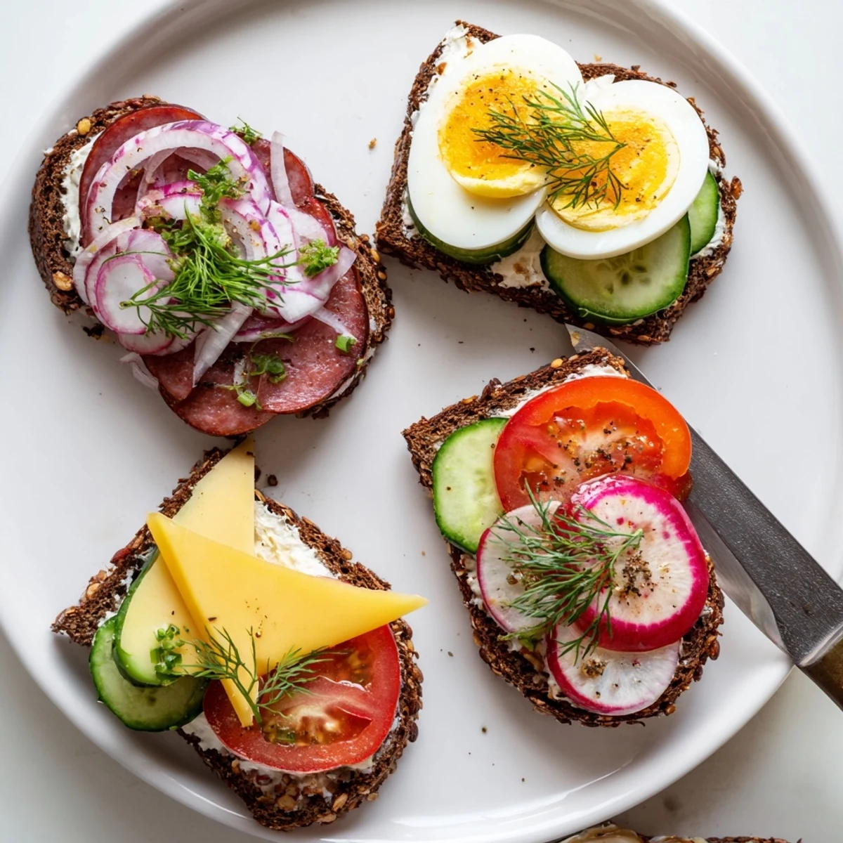 Polish open-faced sandwiches garnished with chives and dill, arranged on a wooden serving board