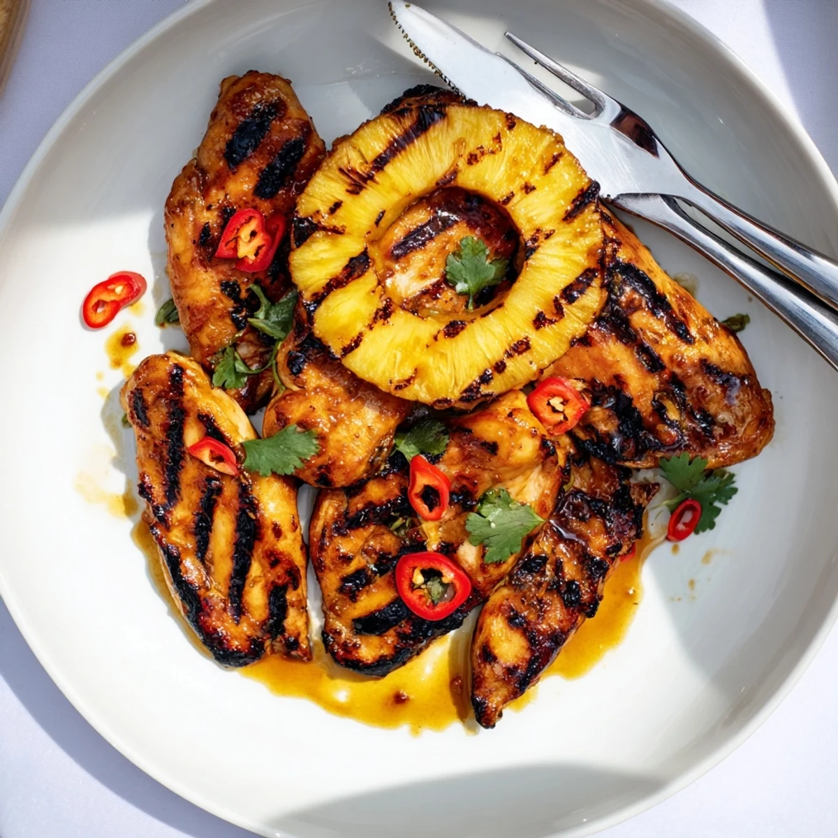 Juicy chili pineapple grilled chicken with caramelized fruit and fresh cilantro on a plate