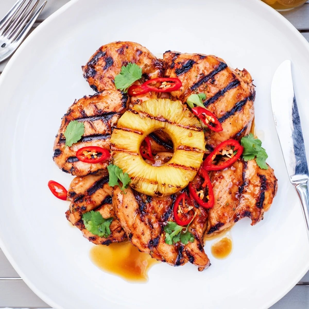 Golden chili pineapple grilled chicken sliced open showing tender meat beside charred pineapple rings