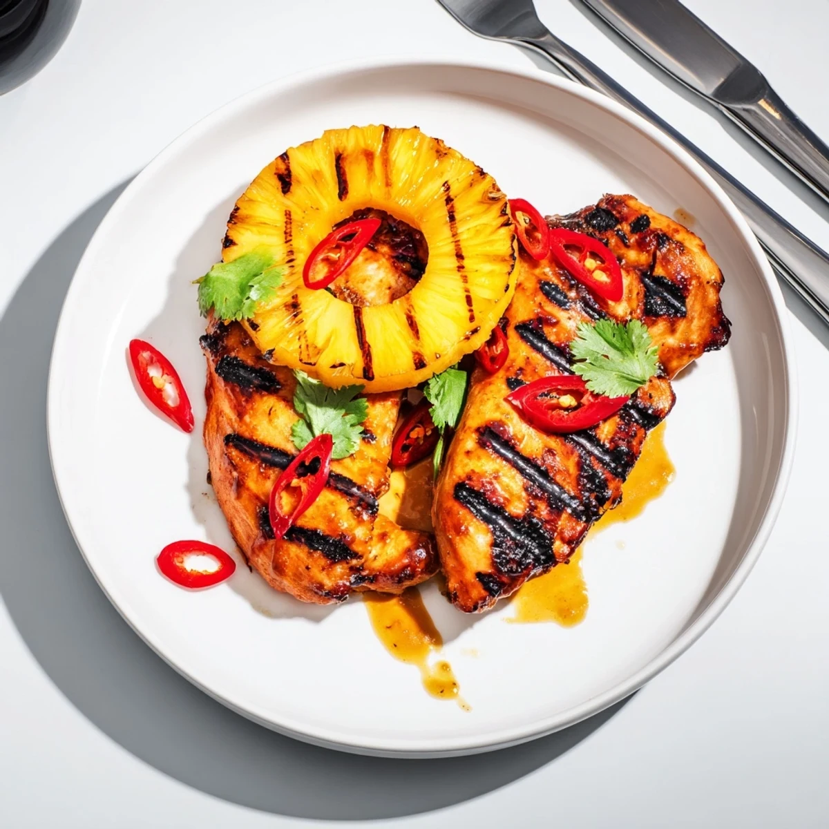 Spicy chili pineapple grilled chicken topped with red pepper slices served on a rustic platter
