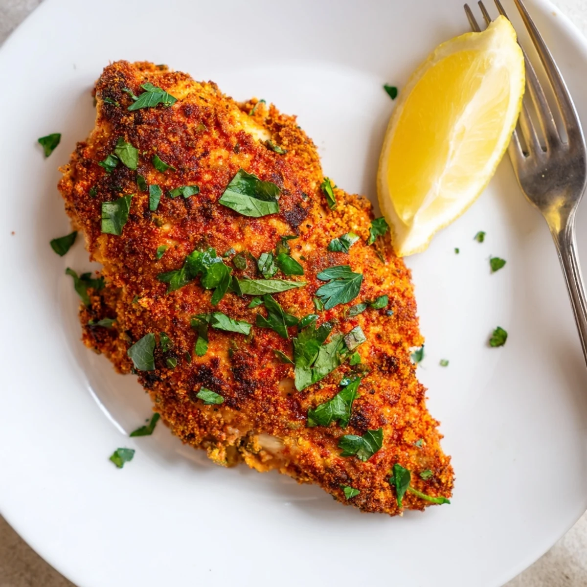 Golden Paprika Parmesan Chicken with a crispy herb crust fresh from the oven