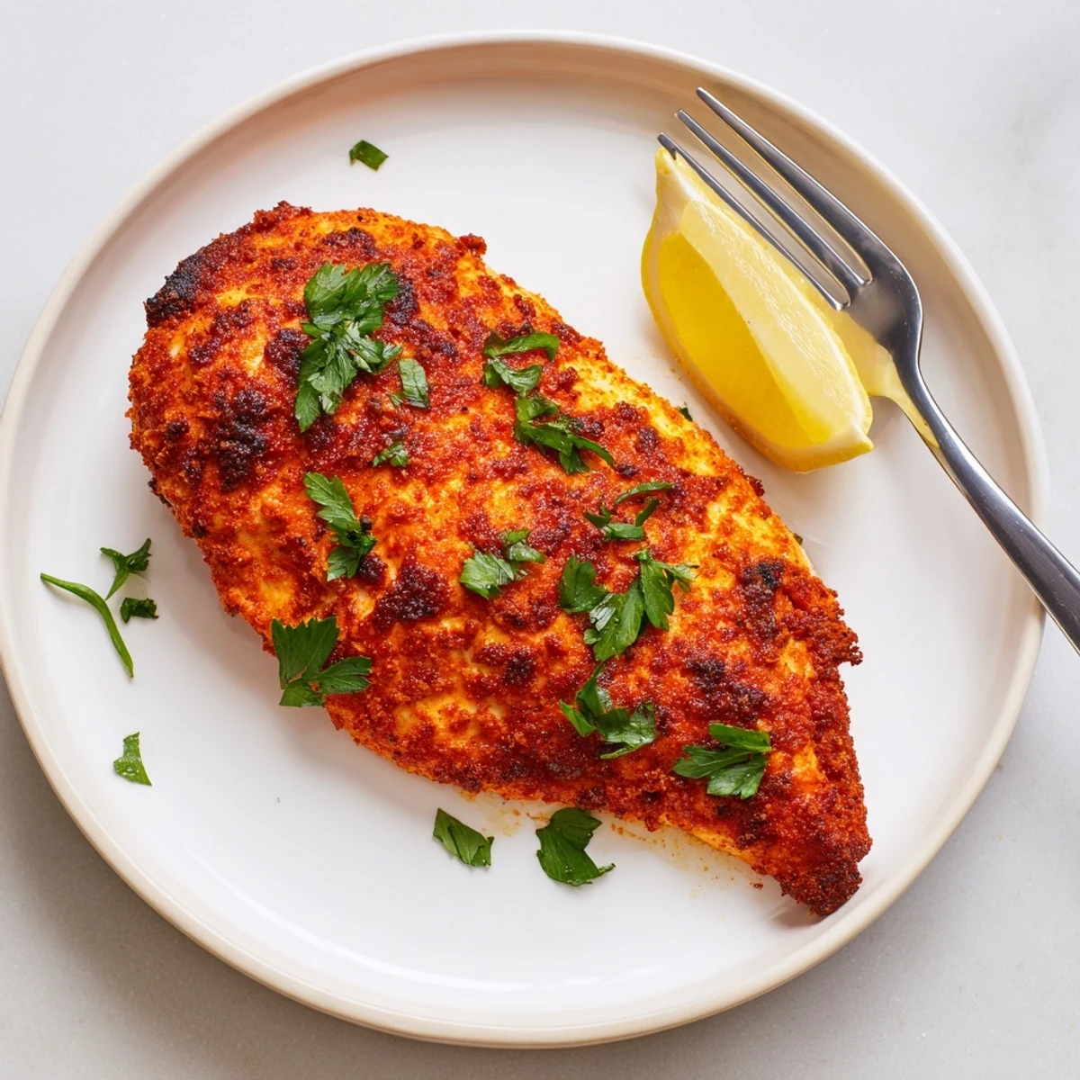 Smoky Paprika Parmesan Chicken garnished with parsley and served with bright lemon wedges