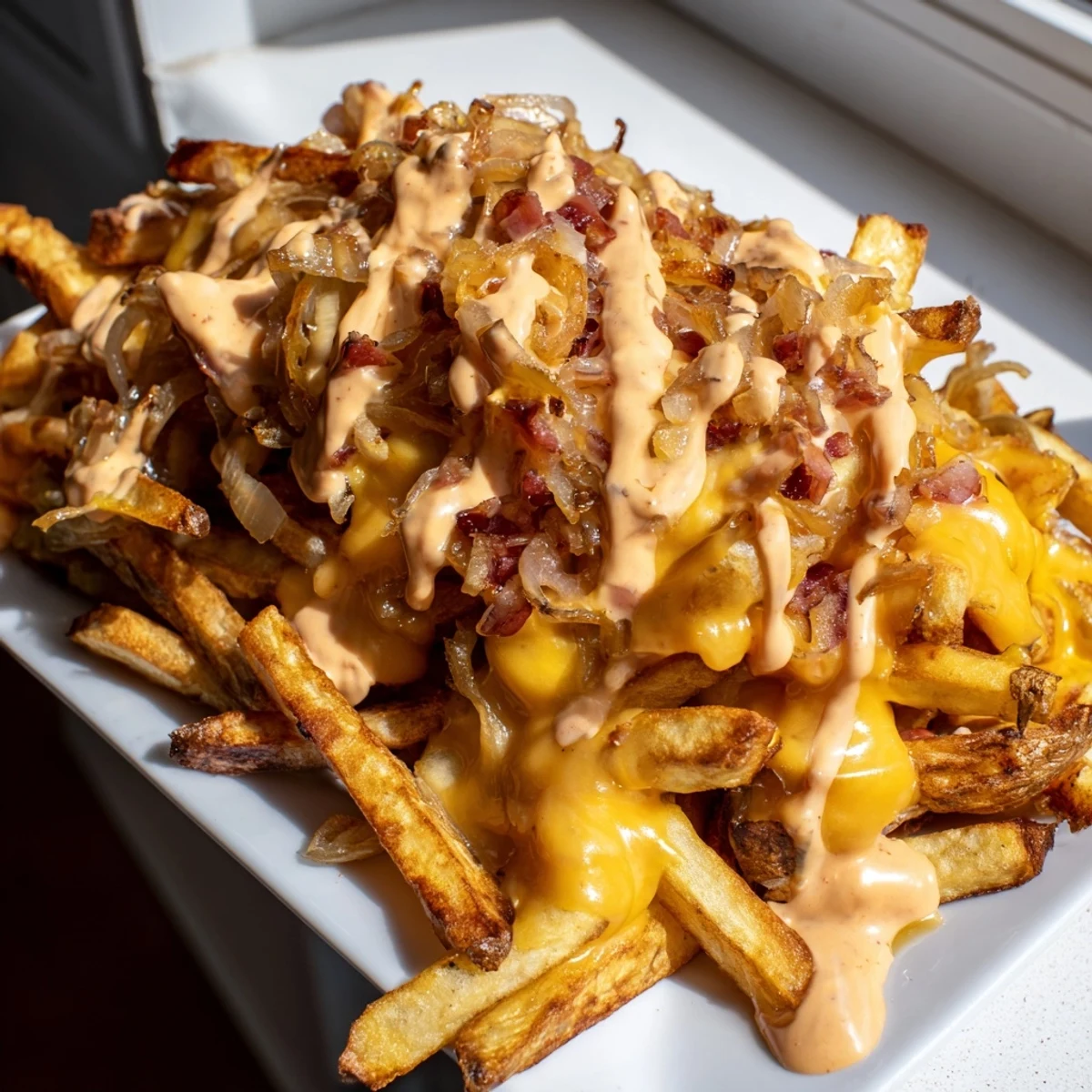 Crispy In N Out Animal Style Fries loaded with melted cheese and caramelized onions