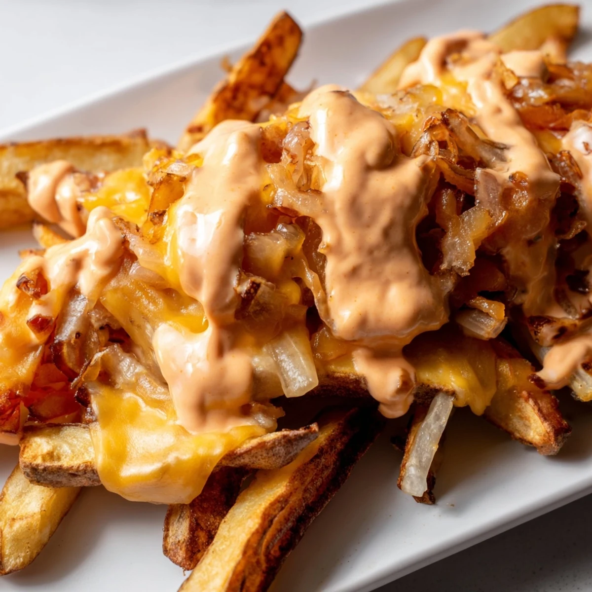 Steaming plate of In N Out Animal Style Fries topped with gooey melted cheese