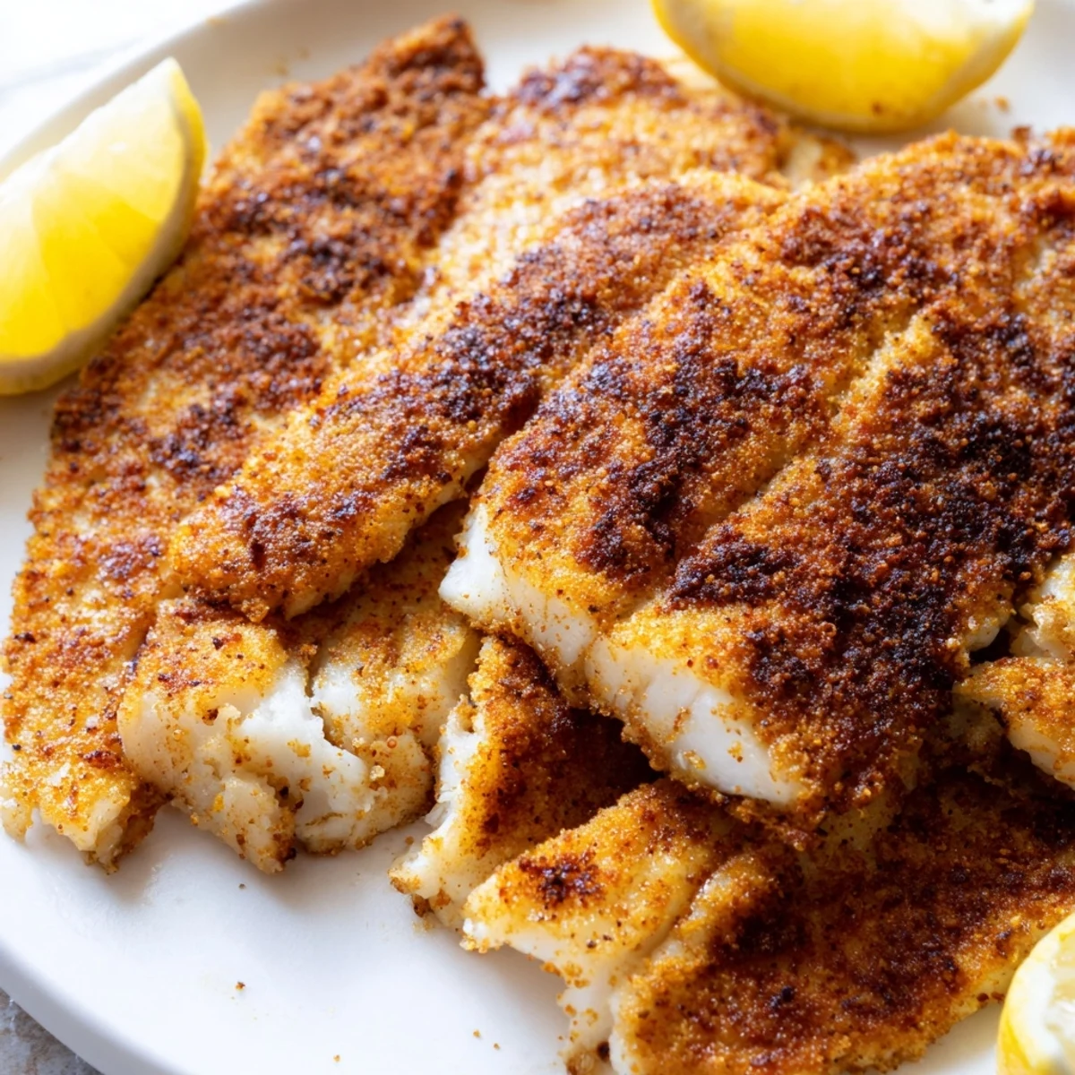 Golden crispy pan fried tilapia fillets seasoned with paprika on a white plate