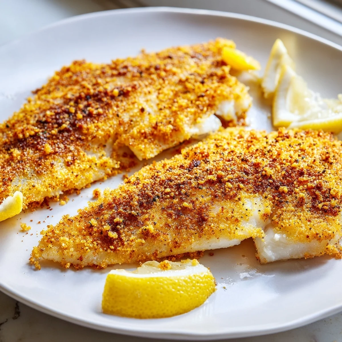 Pan fried tilapia with a crunchy cornmeal crust served alongside fresh lemon wedges
