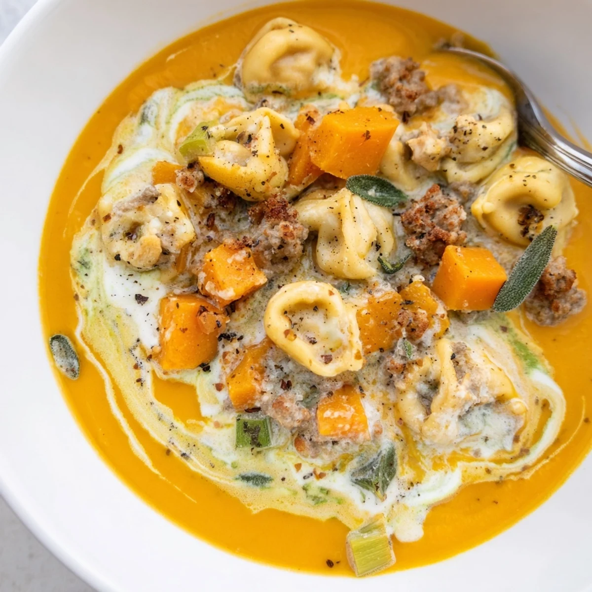 Creamy butternut squash sausage tortellini soup ladled into a rustic bowl with melted sage cheese swirl on top