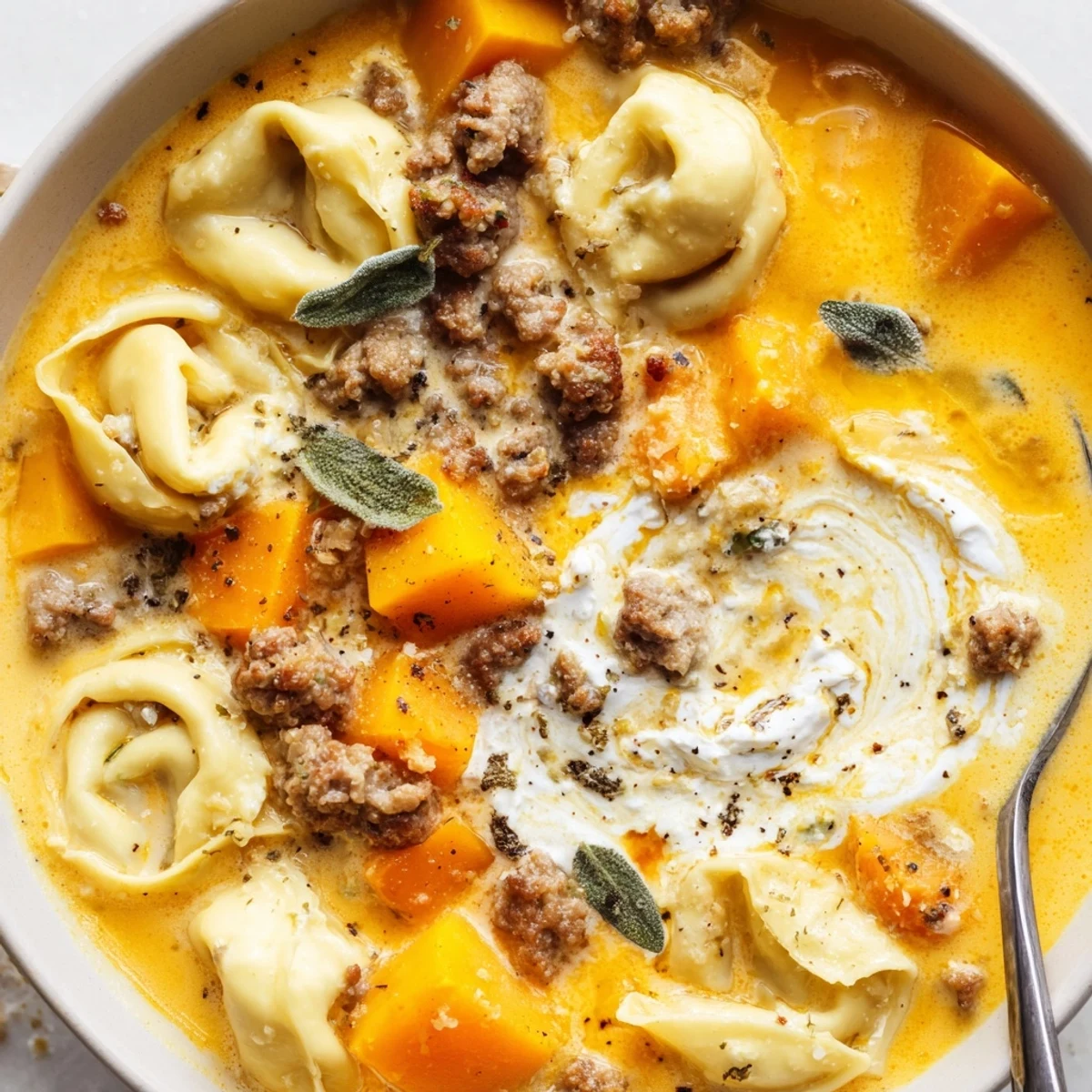 Golden butternut squash sausage tortellini soup topped with a dollop of herbed ricotta cream in a bread bowl