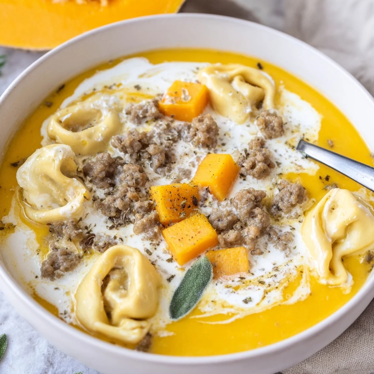 Steaming bowl of butternut squash sausage tortellini soup with creamy sage cheese swirl and fresh garnish