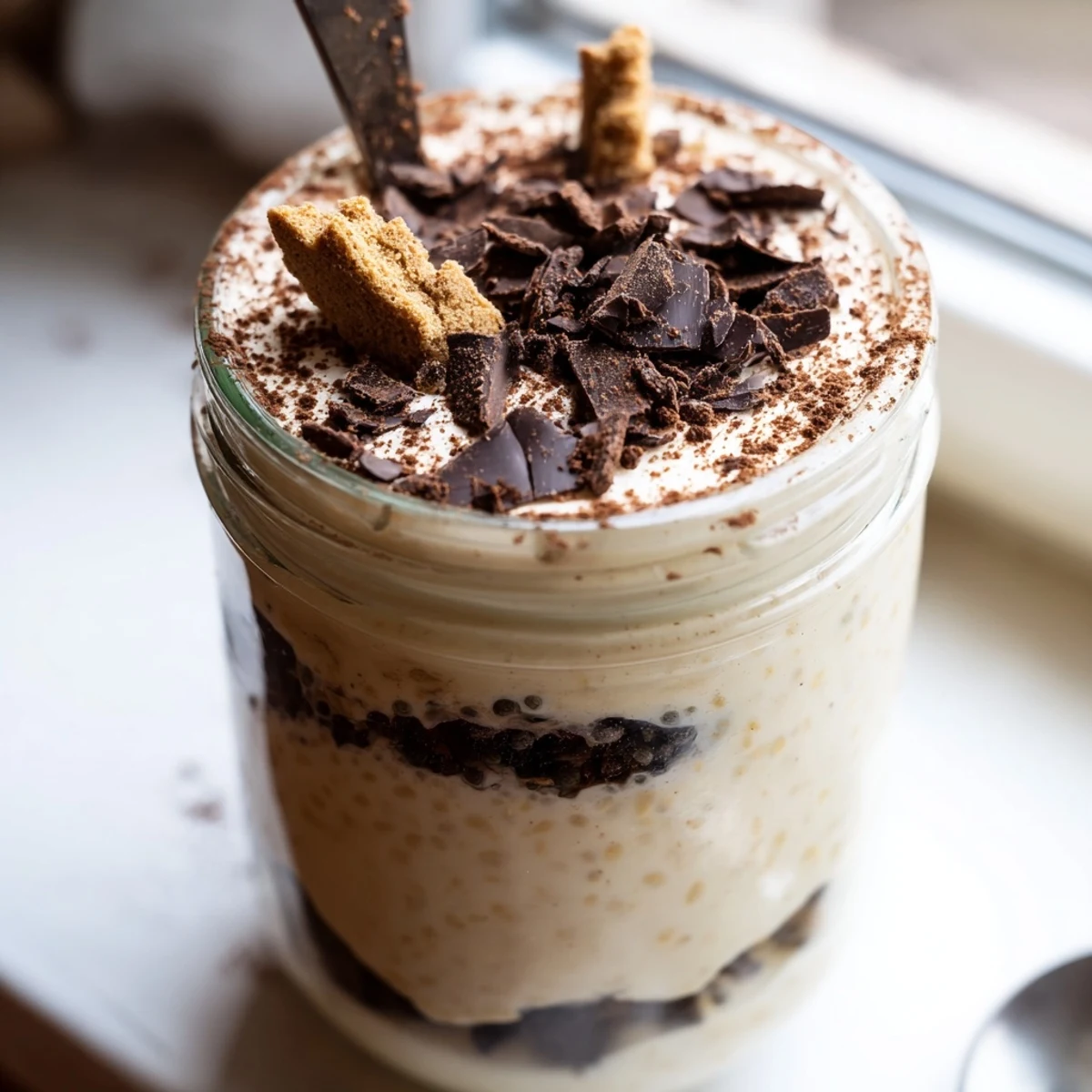 Creamy tiramisu overnight oats layered with mascarpone and topped with cocoa