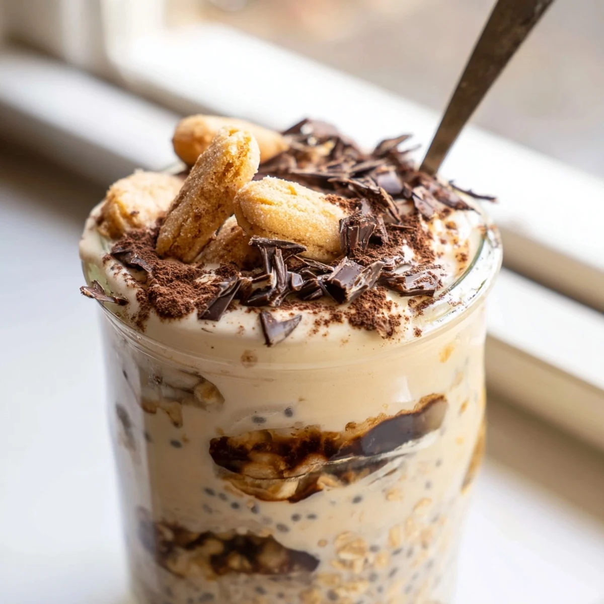 Rich coffee-soaked tiramisu overnight oats in a jar with chocolate shavings
