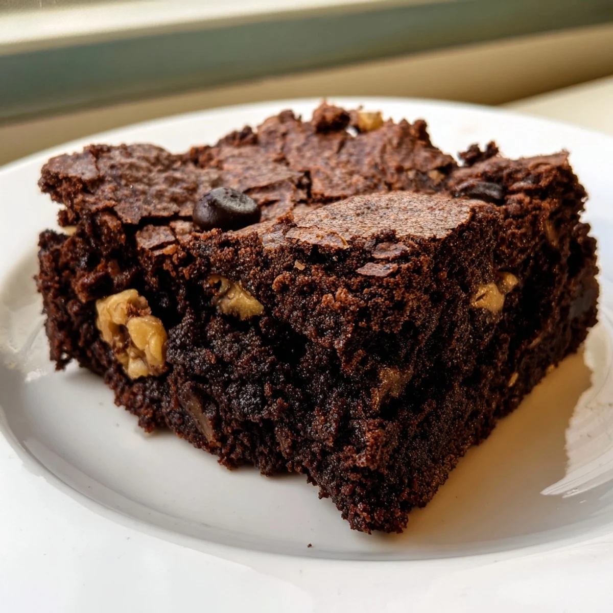 Warm ultimate brownies served on a rustic plate with powdered sugar dusted edges