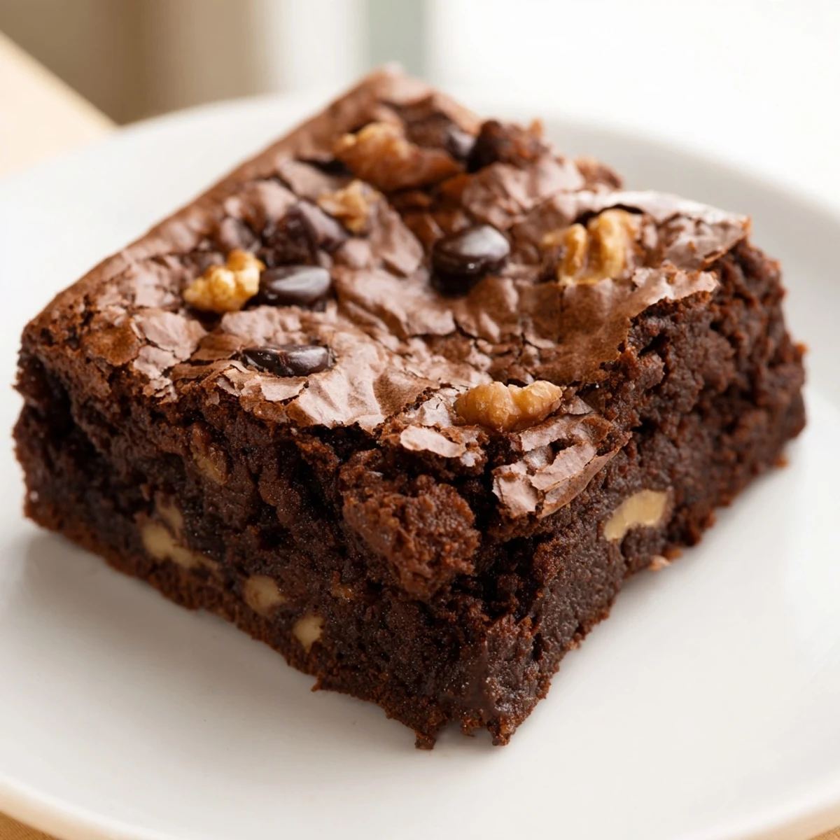 Rich fudgy ultimate brownies with a glossy crackly top cut into generous squares