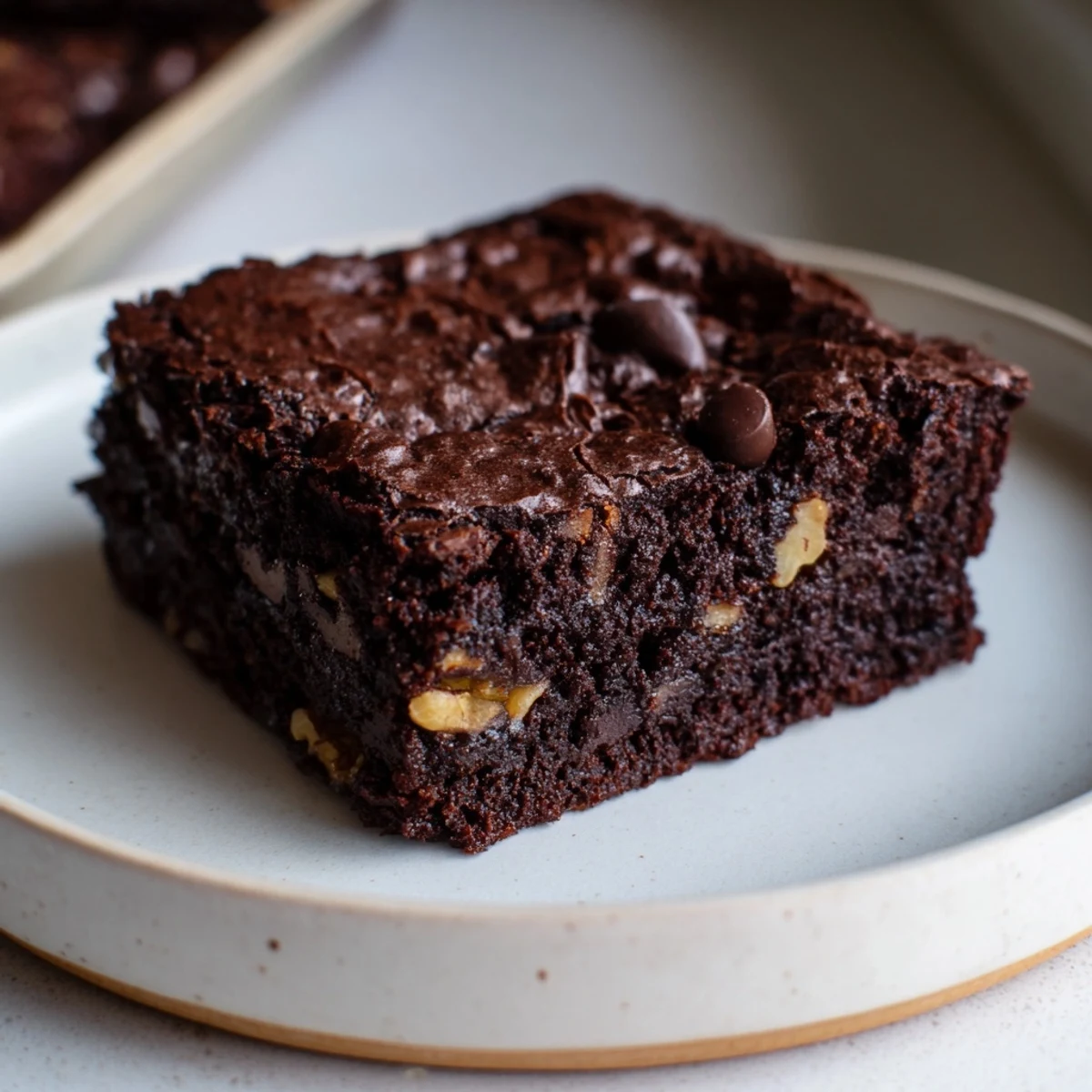 Thick chocolate-drenched ultimate brownies studded with walnuts and melty chocolate chip pockets