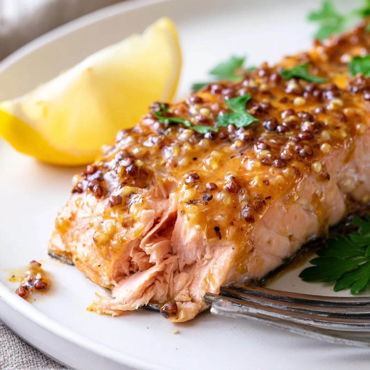 Golden baked honey mustard salmon fillets glazed with sweet and tangy sauce on a parchment-lined baking tray