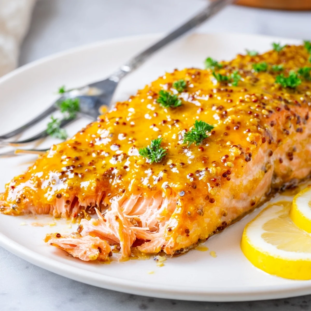 Juicy baked honey mustard salmon topped with fresh parsley and served alongside bright lemon wedges