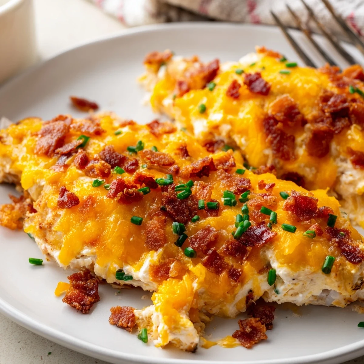 Creamy baked crack chicken smothered in melted cheese and crumbled bacon