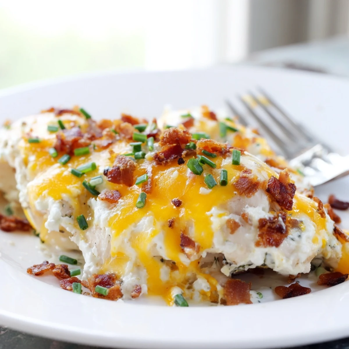 Juicy baked crack chicken draped in rich ranch cream cheese sauce