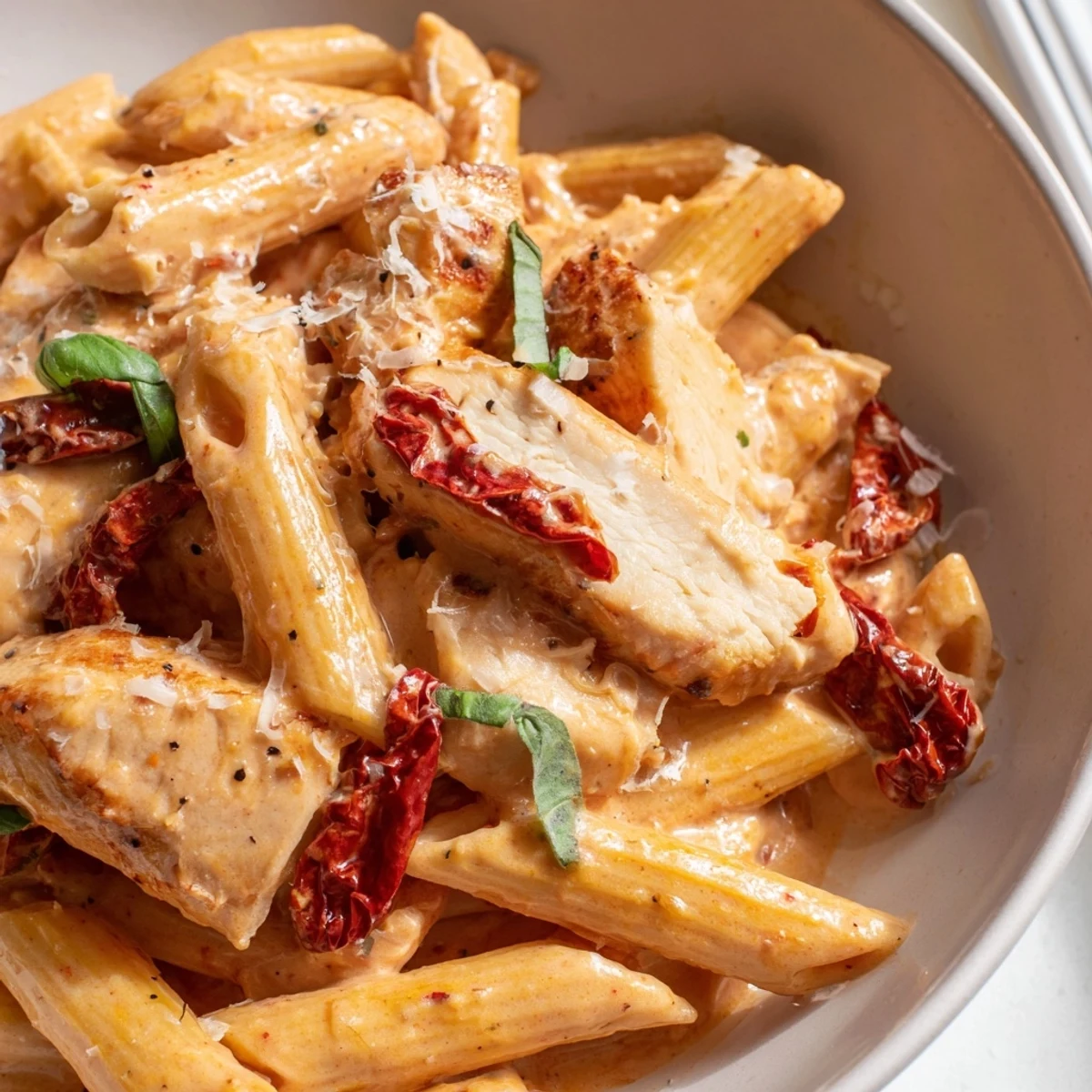 Creamy sun dried tomato marry me chicken pasta topped with fresh basil and Parmesan