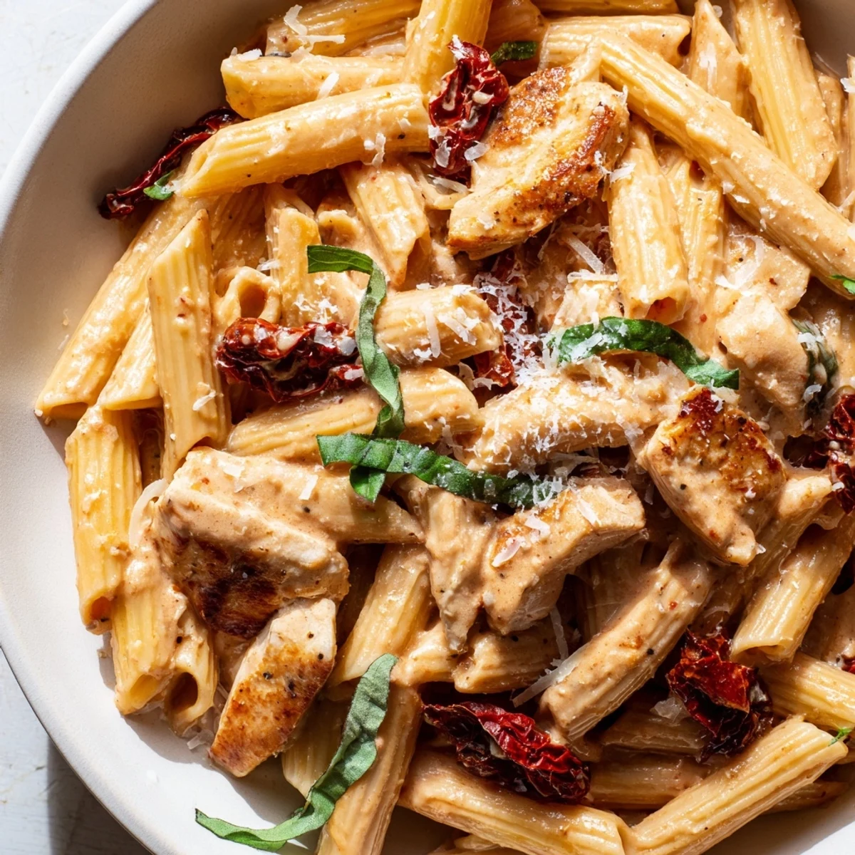 Golden sliced chicken over creamy sun dried tomato marry me chicken pasta in skillet