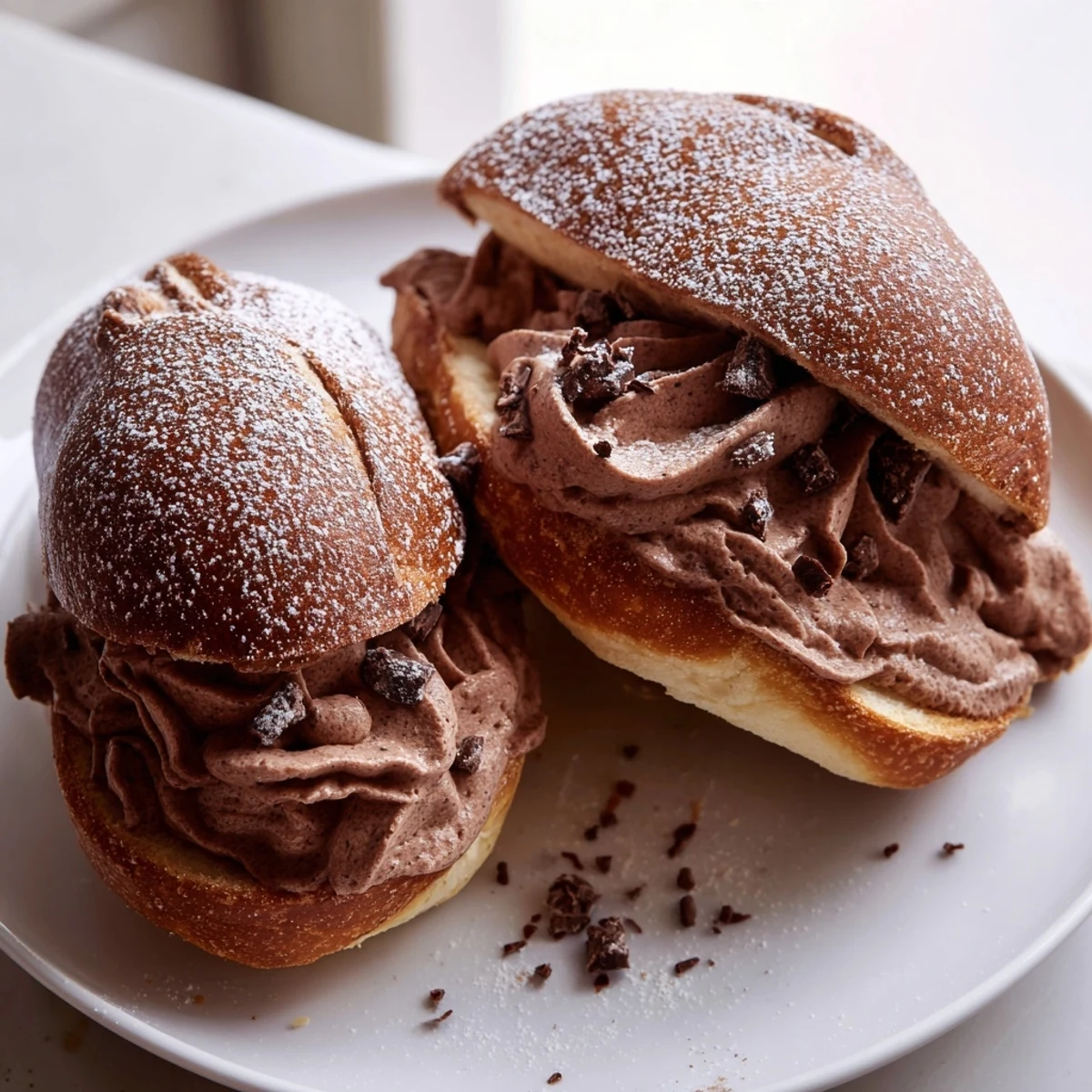 Italian Chocolate Maritozzi split open with billowing dark chocolate whipped cream inside