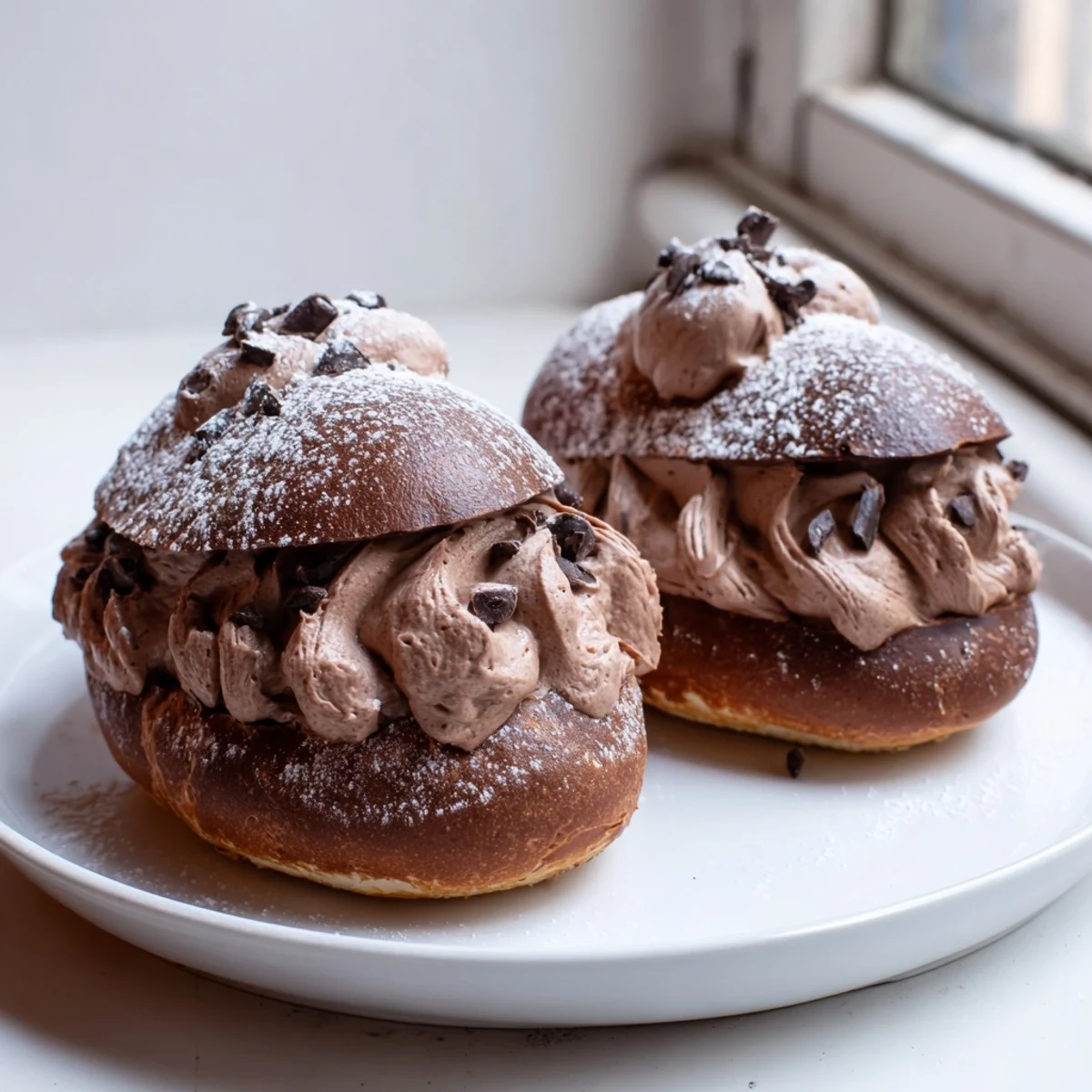 Golden brown Italian Chocolate Maritozzi buns dusted with powdered sugar on parchment paper
