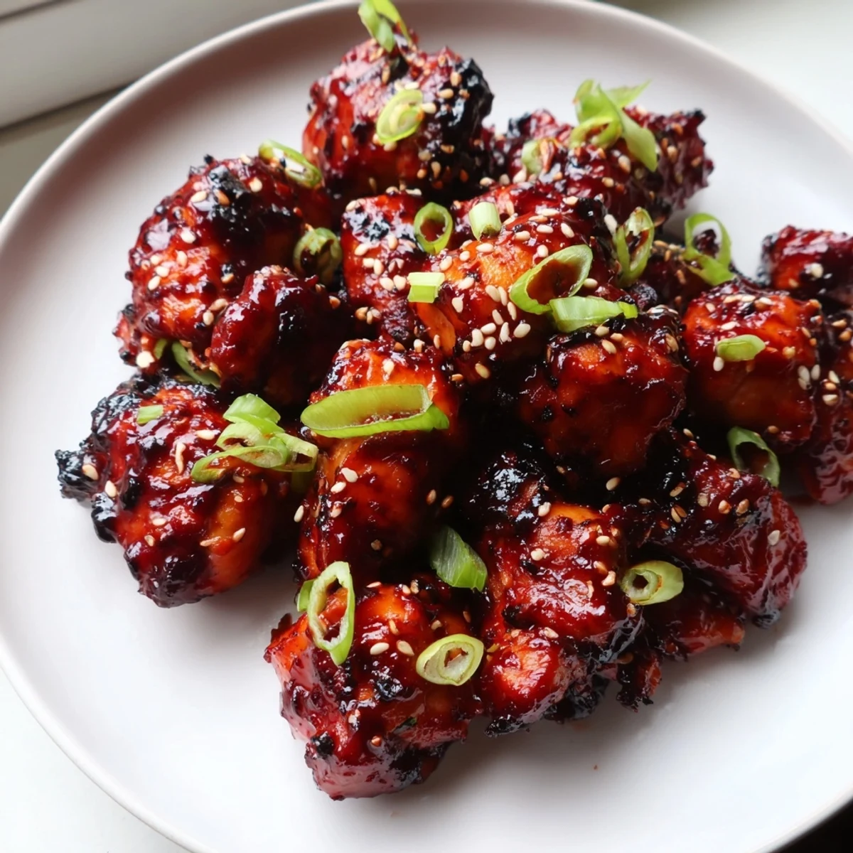 Caramelized Gochujang Chicken glazed in spicy-sweet Korean chili paste served sizzling hot