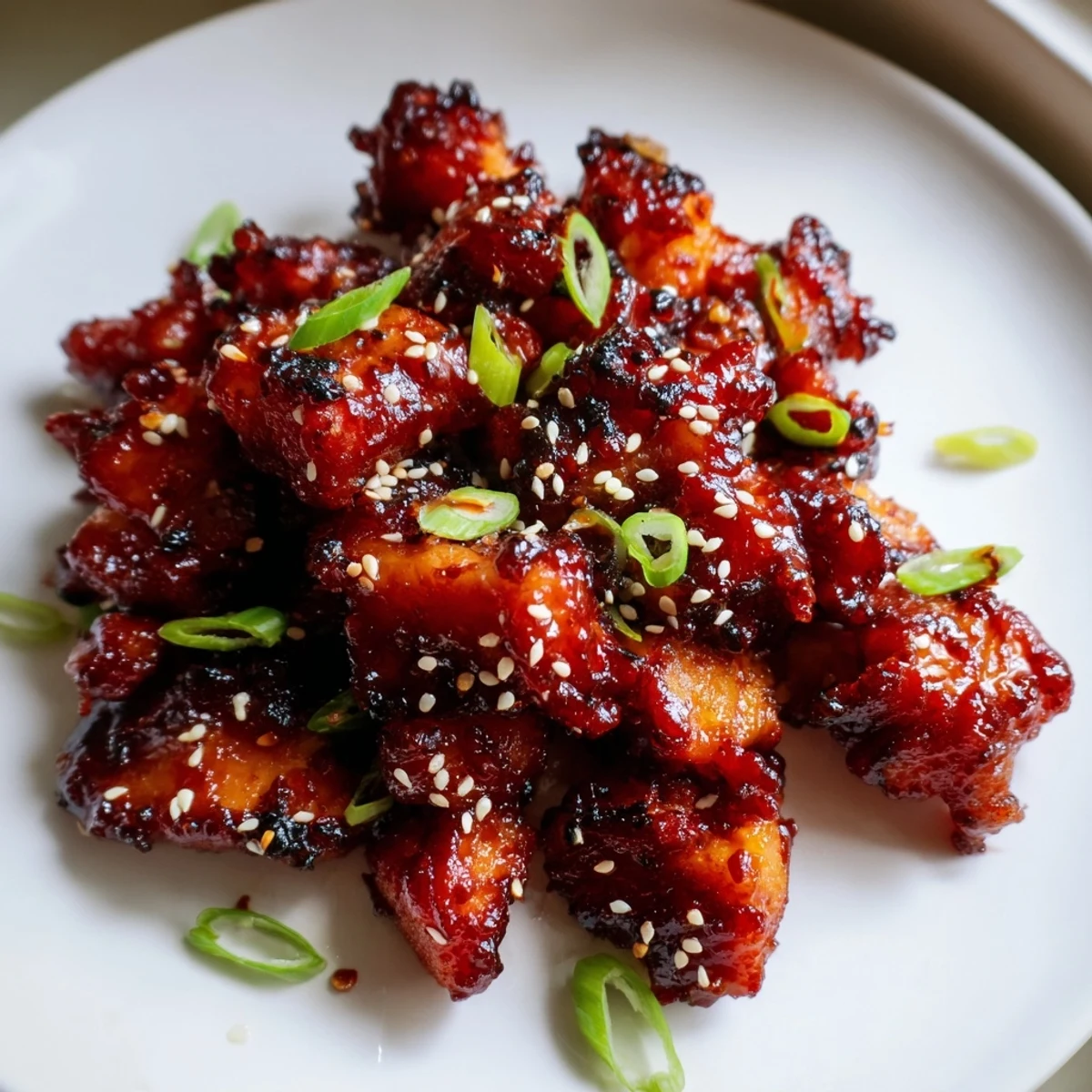 Garnished Gochujang Chicken with sesame seeds and green onions on steamed white rice