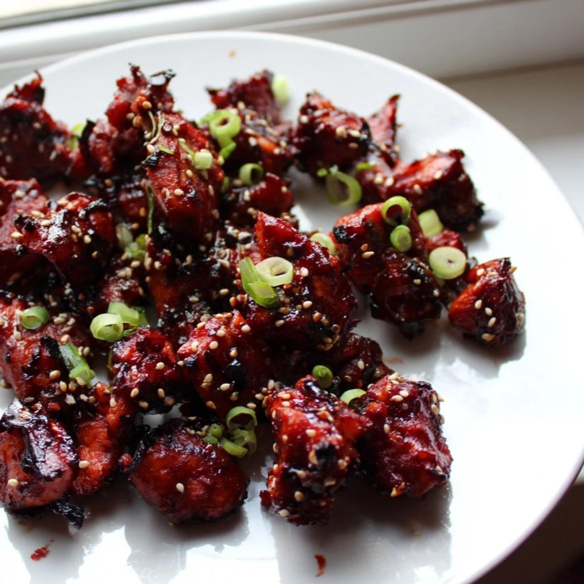 Crispy Gochujang Chicken pieces coated in glossy red sauce ready for lettuce wraps