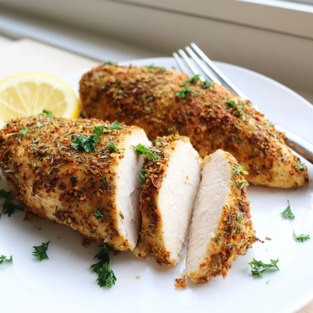 Golden oven baked chicken breasts with herbs served on a white plate