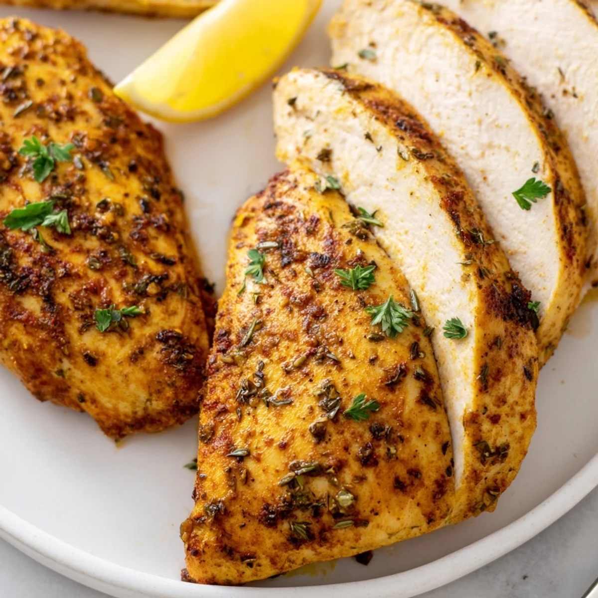 Oven baked chicken breasts garnished with fresh parsley and lemon wedges
