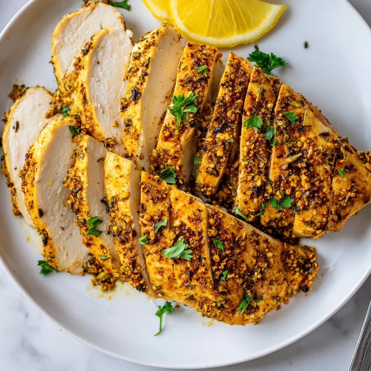 Juicy oven baked chicken breasts sliced open showing tender seasoned meat