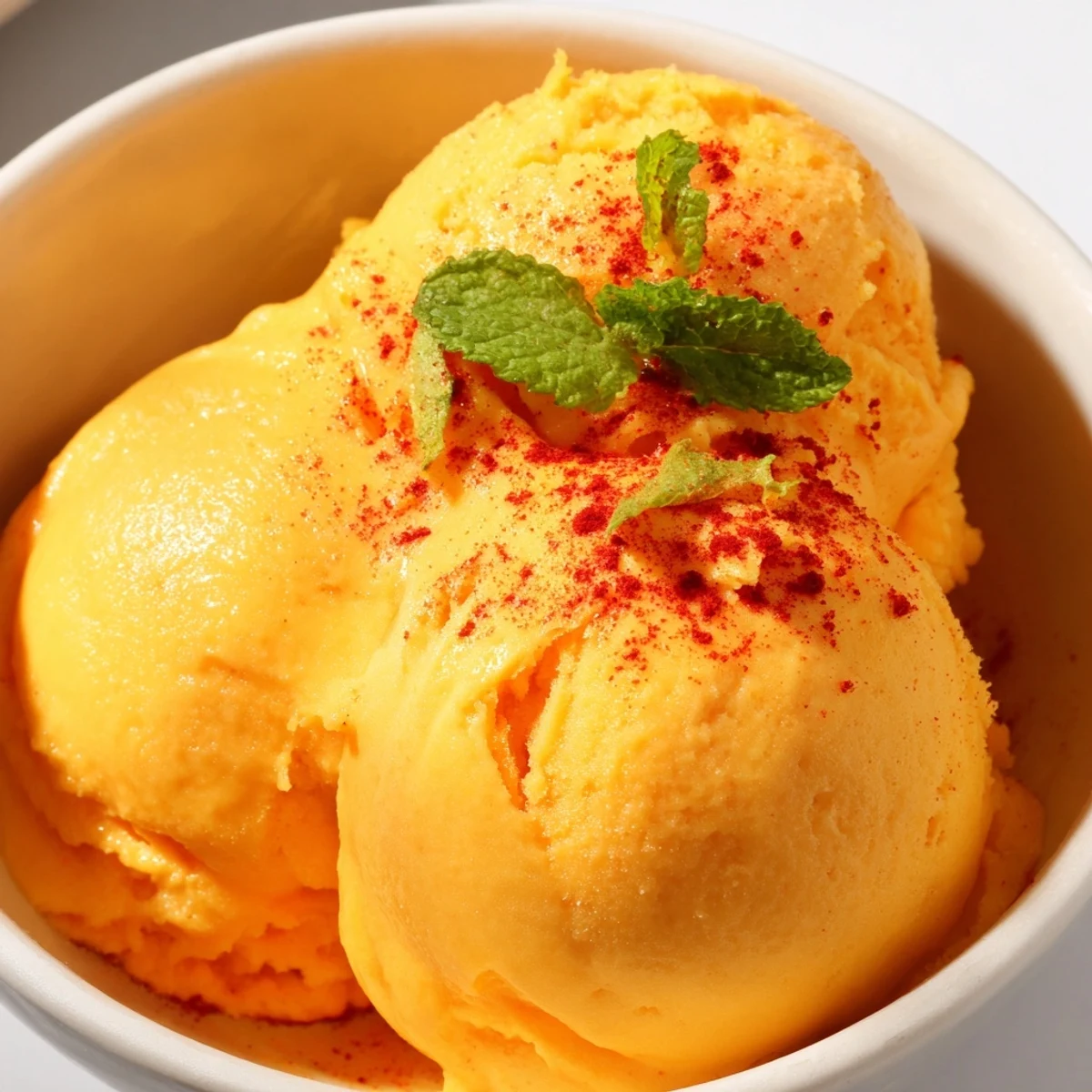 Creamy chili lime mango sorbet scooped into golden bowls on a sunny patio