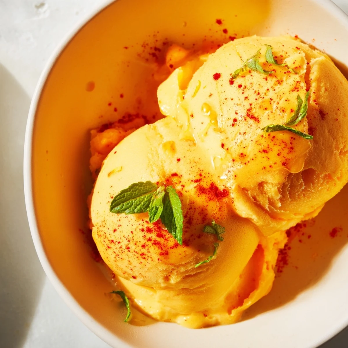 Smooth creamy chili lime mango sorbet topped with fresh lime zest and mint