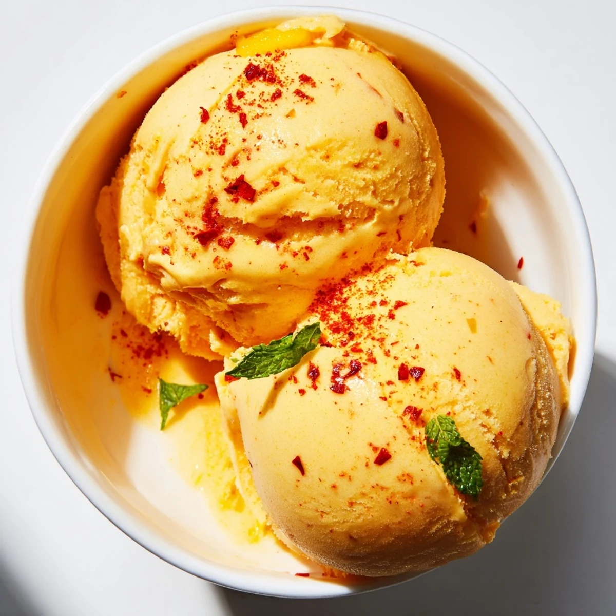 Vibrant creamy chili lime mango sorbet swirled with tropical golden mango chunks