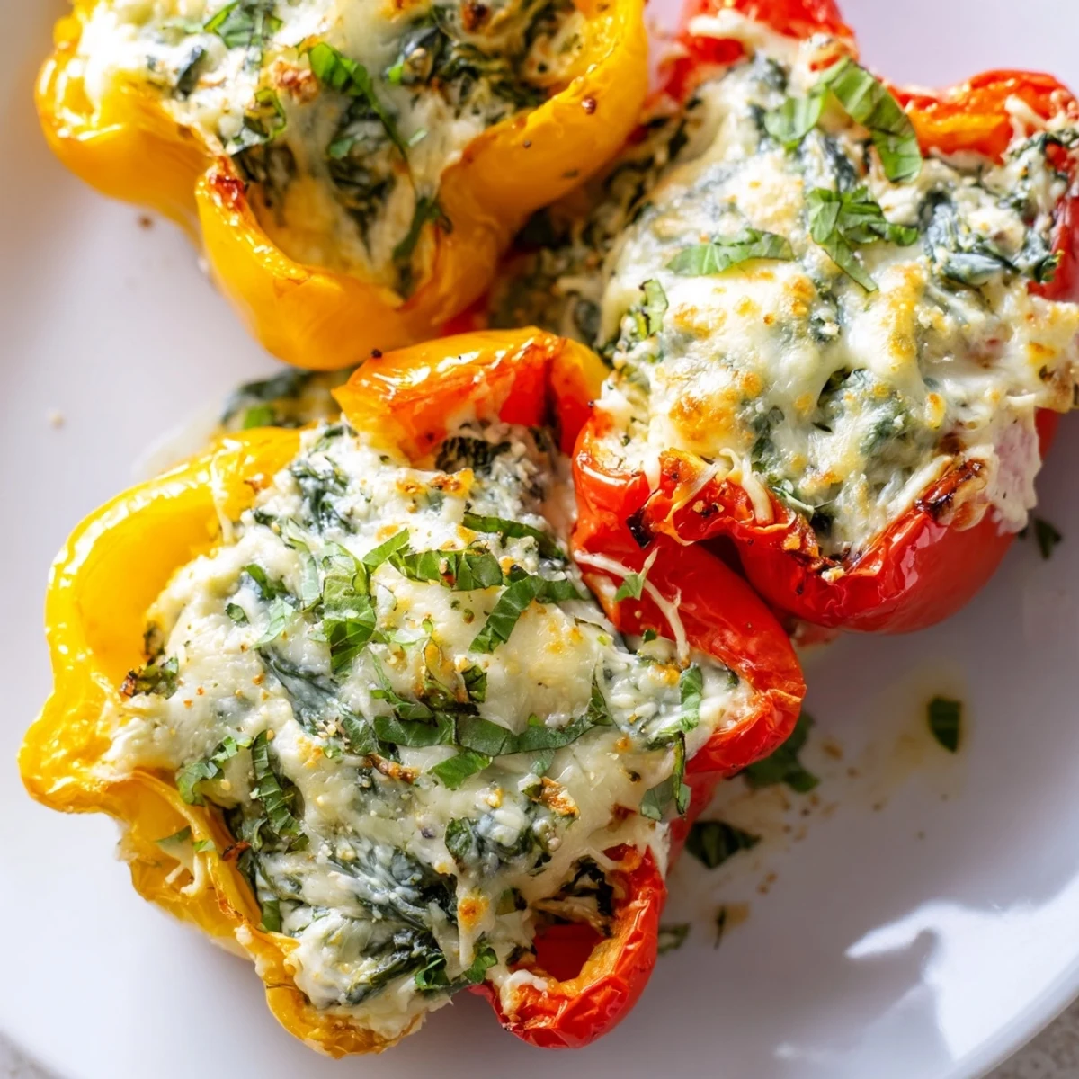 Golden baked ricotta stuffed peppers with bubbly mozzarella and fresh herbs on a rustic dish