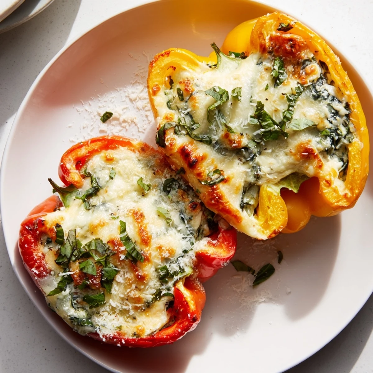 Creamy herb ricotta filling overflowing roasted sweet bell peppers topped with melted mozzarella cheese