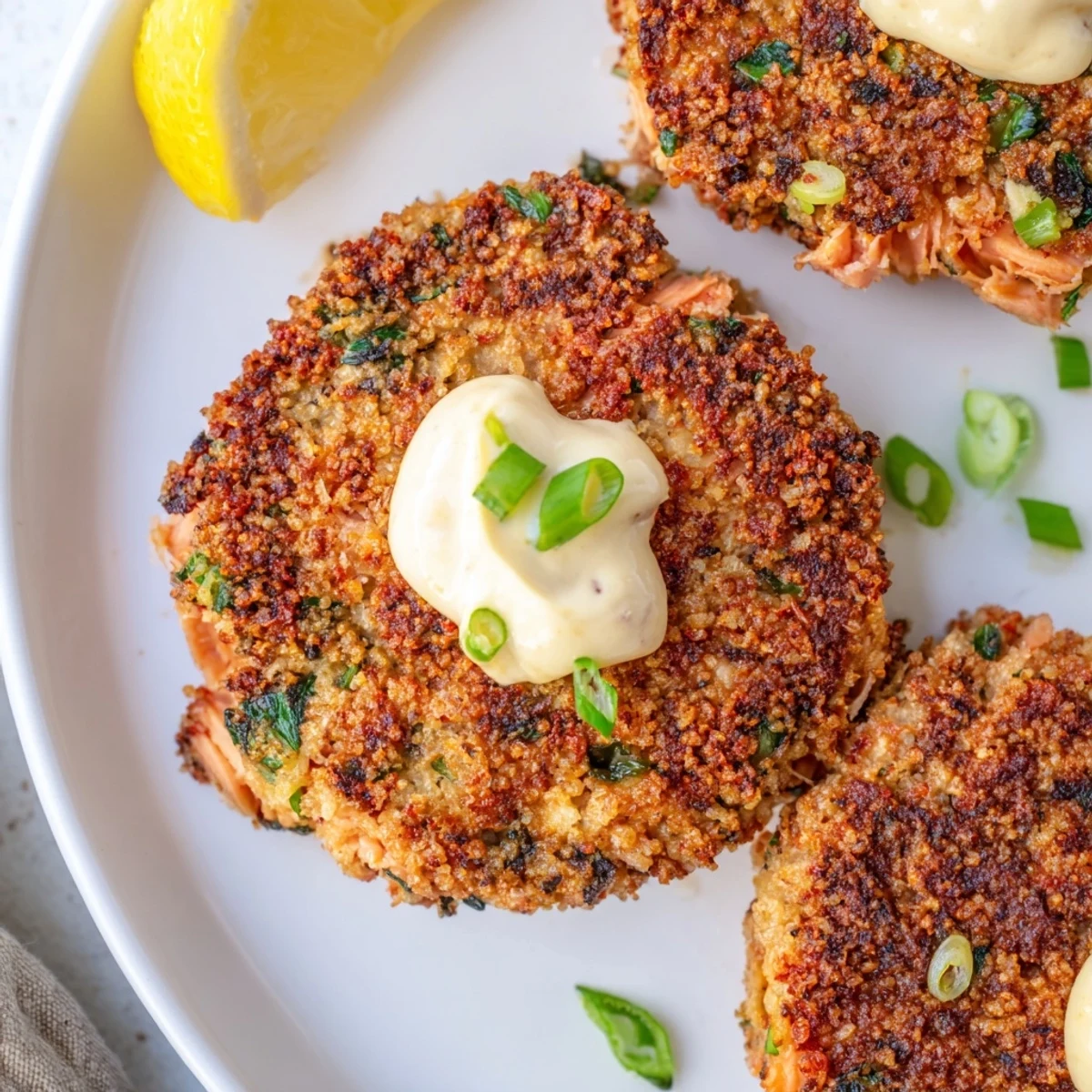 Crispy pan-fried Alaska salmon cakes with fresh lemon wedges and tangy garlic aioli