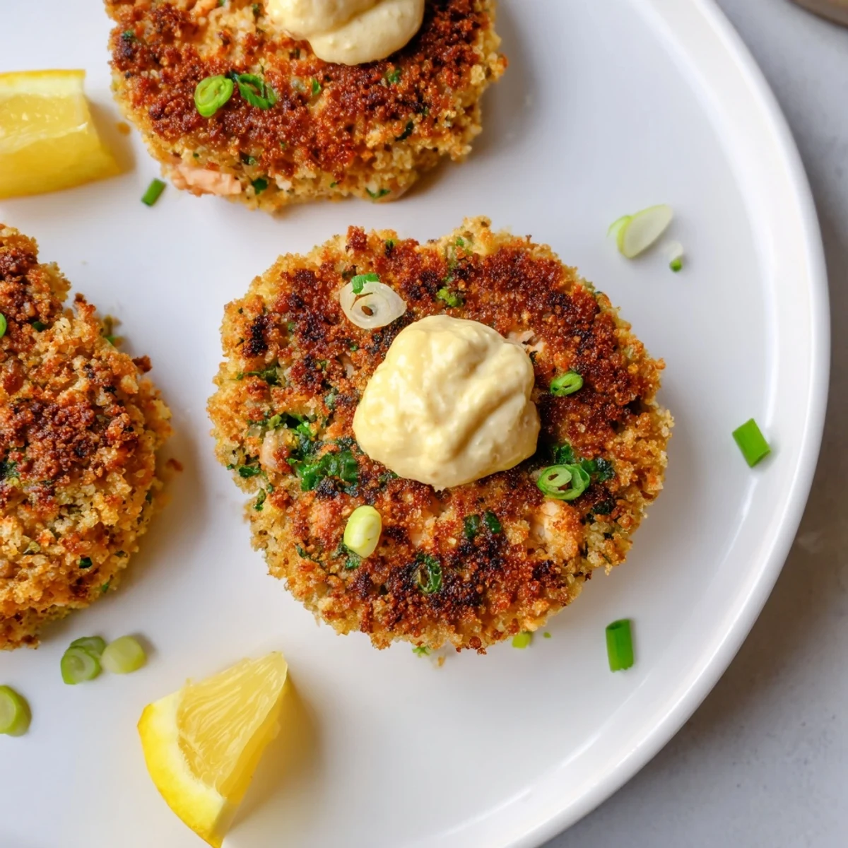 Golden lemon garlic Alaska salmon cakes drizzled with creamy aioli on a white plate