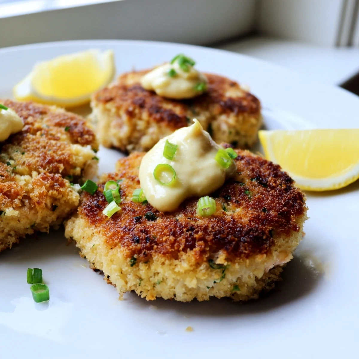 Tender lemon garlic Alaska salmon cakes served with smooth aioli and chopped parsley