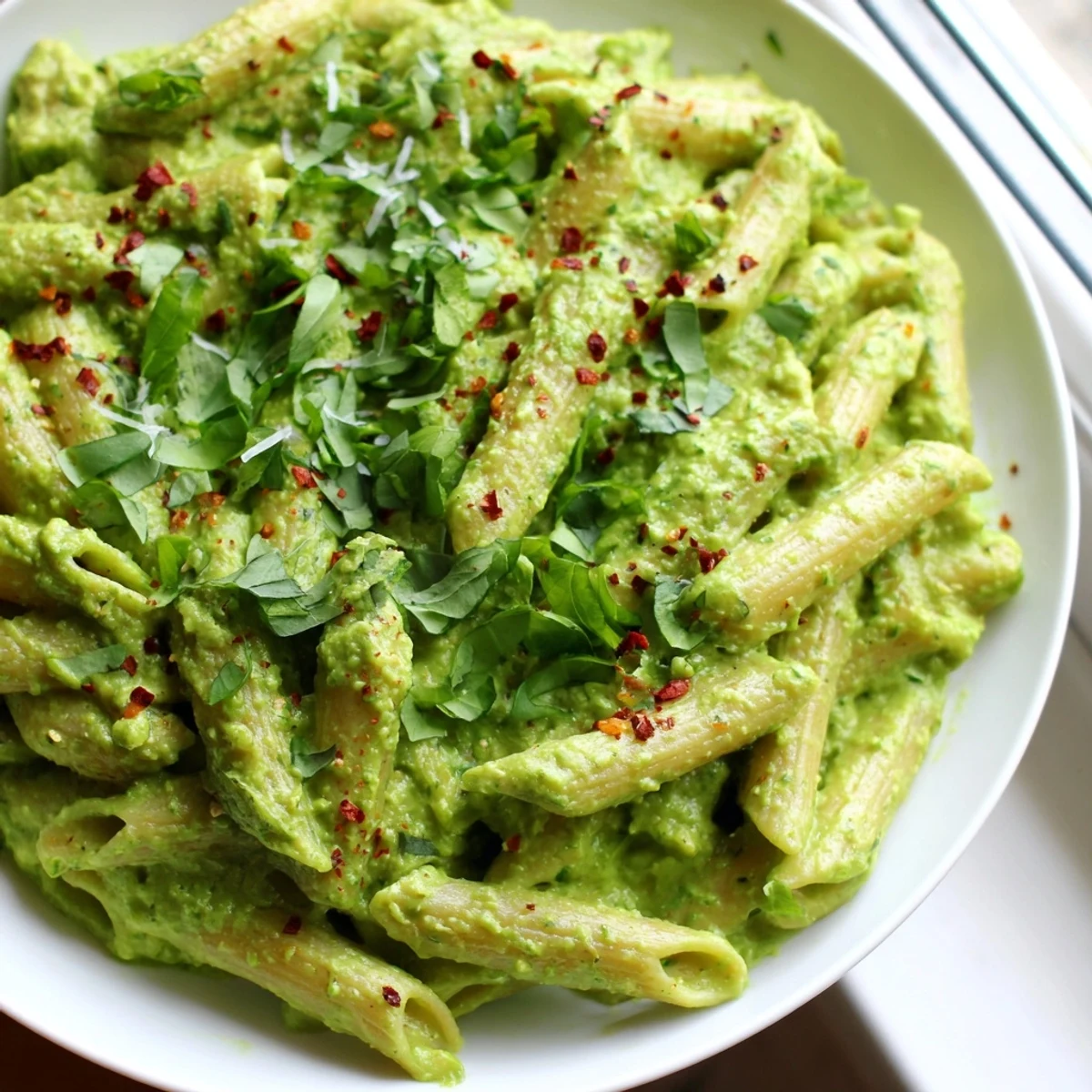 Creamy green goddess pasta sauce tossed with noodles and fresh herbs