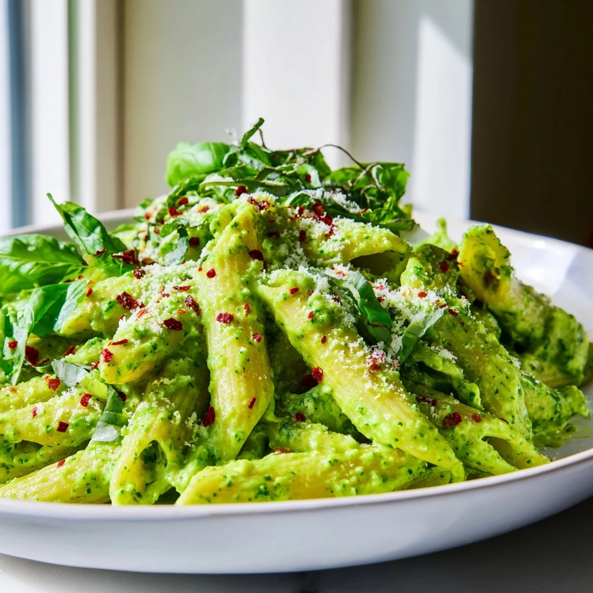 Vibrant green goddess pasta sauce coating penne in a white bowl
