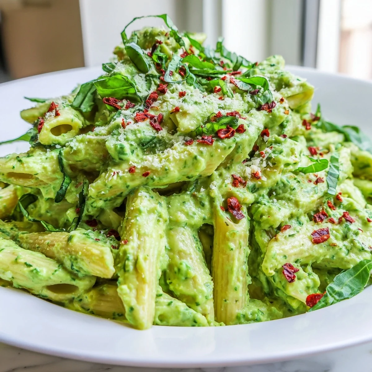 Smooth green goddess pasta sauce garnished with basil and parmesan