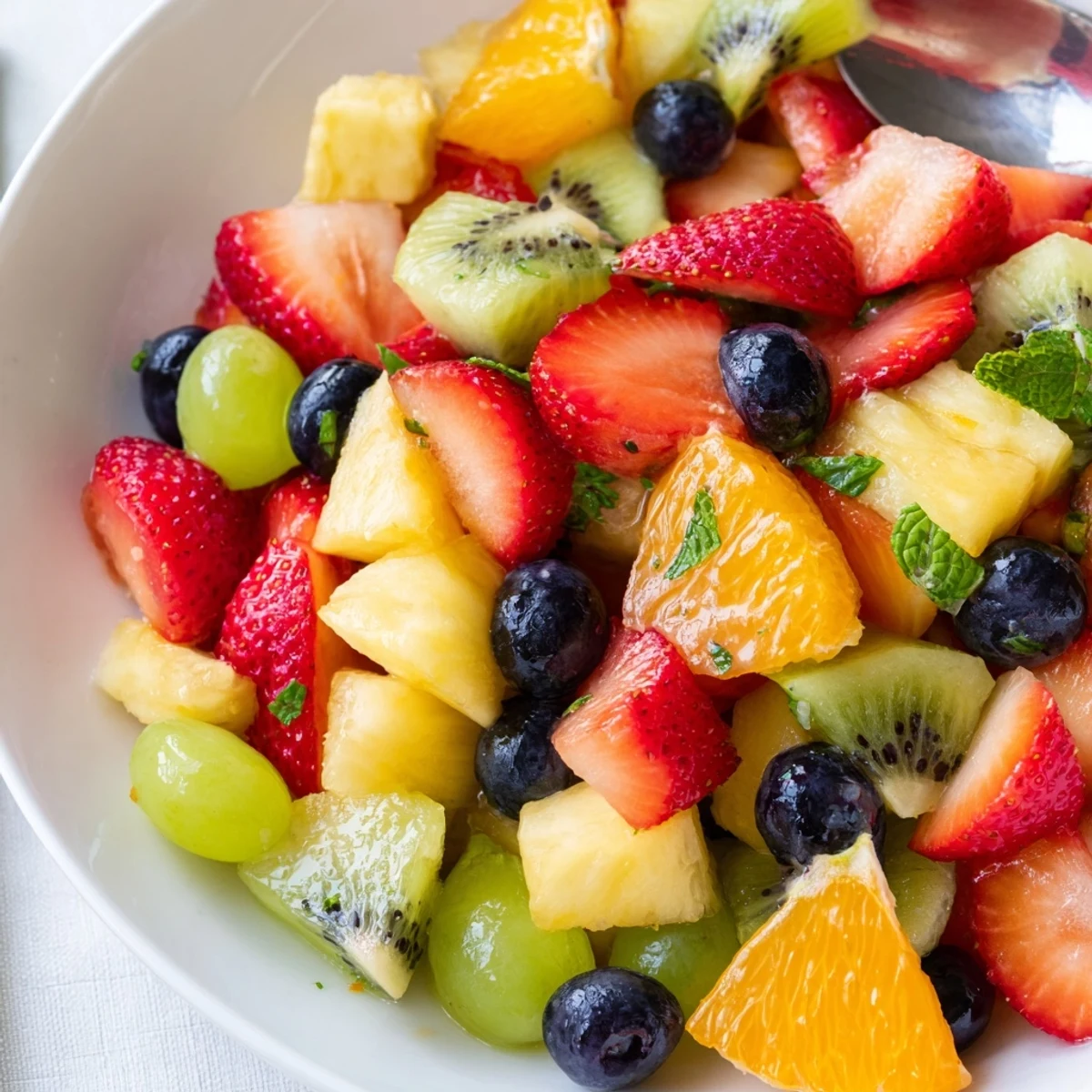 Colorful fruit bowl brimming with fresh strawberries, blueberries, and juicy pineapple chunks