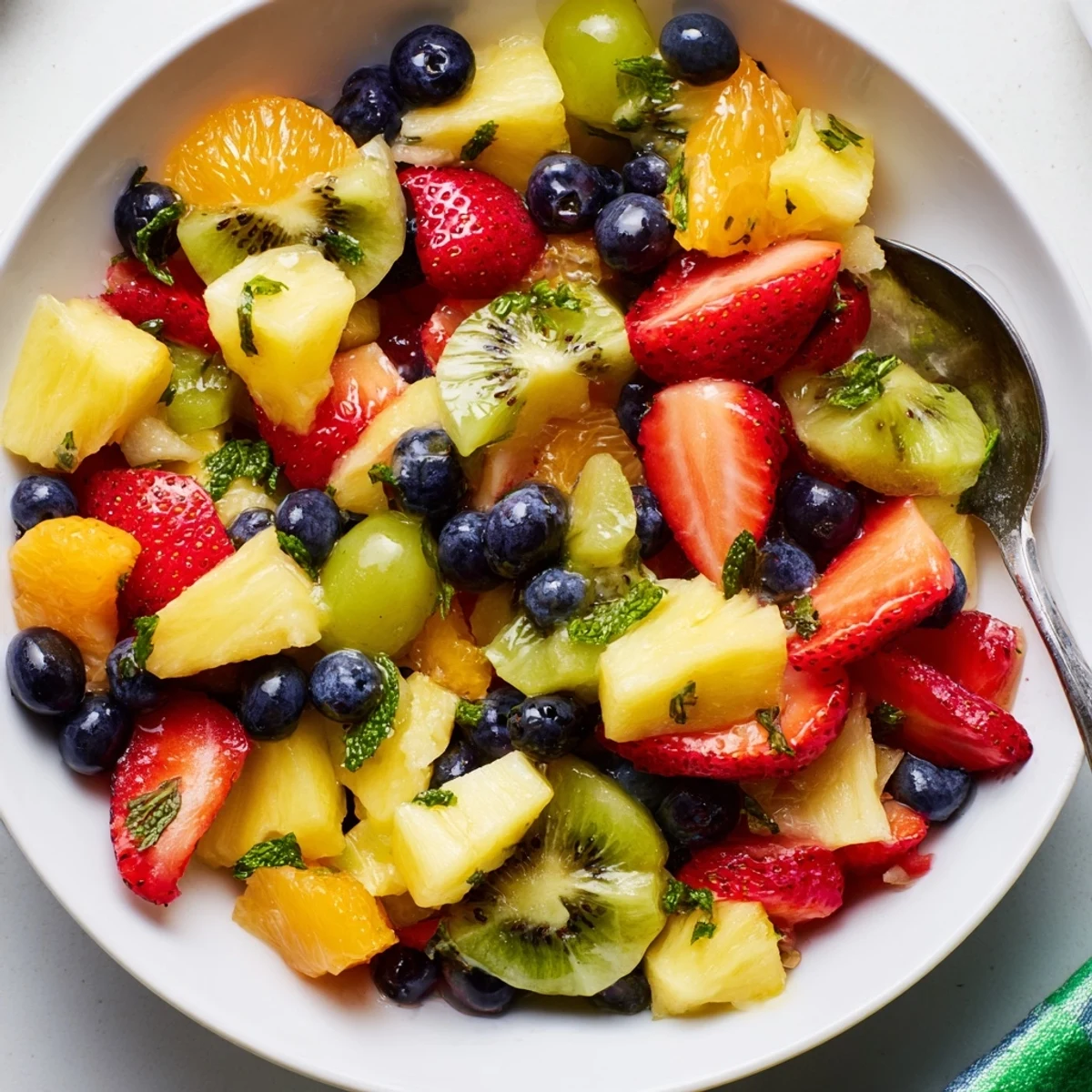 Refreshing fruit bowl drizzled with honey mint dressing in a rustic serving dish