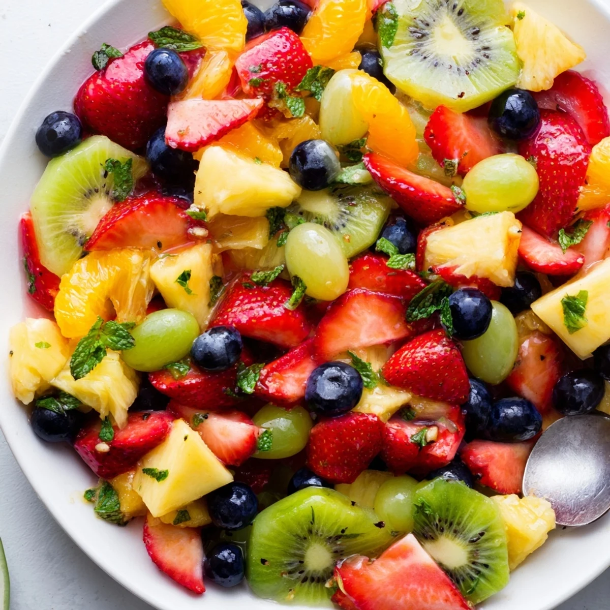 Vibrant fruit bowl featuring sliced kiwi, grapes, and citrus segments ready to serve