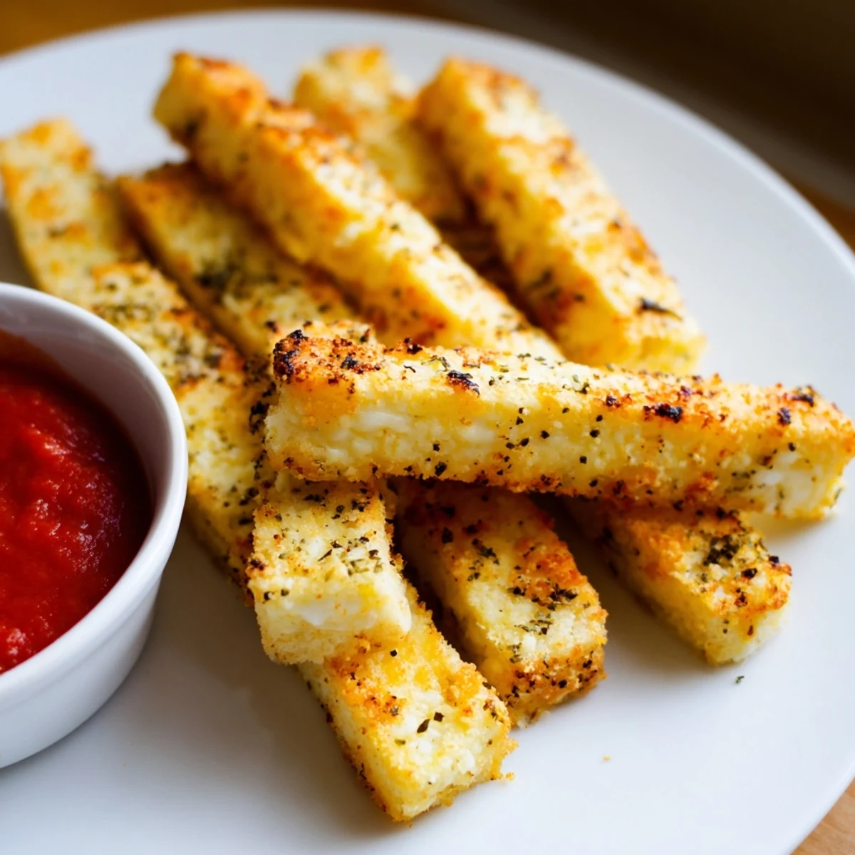 Golden baked cottage cheese fries arranged on parchment with a creamy dipping sauce alongside
