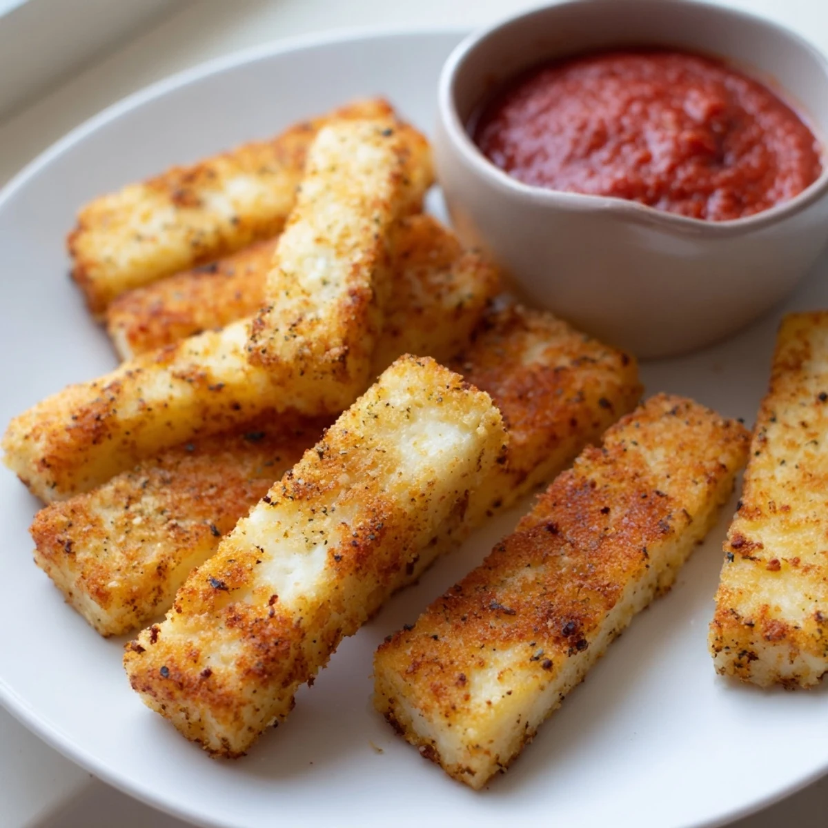 Crispy baked cottage cheese fries fresh from the oven on a lined baking sheet