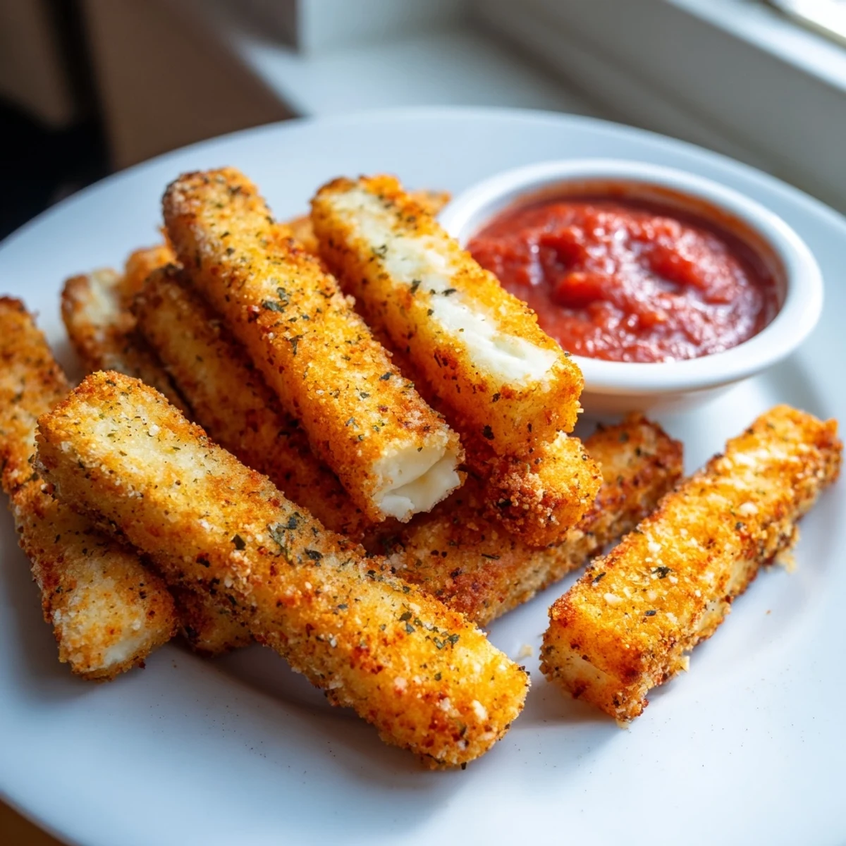 Close-up of baked cottage cheese fries with a golden crust and tender cheesy center